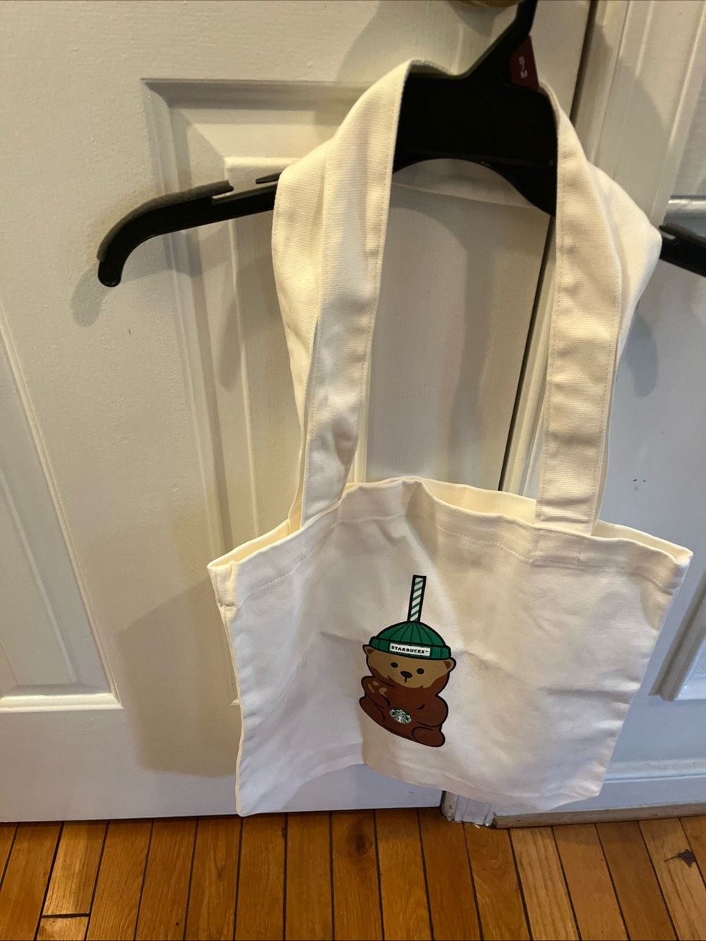 Starbucks Cream Canvas Tote with Brown Bear and Green Accent